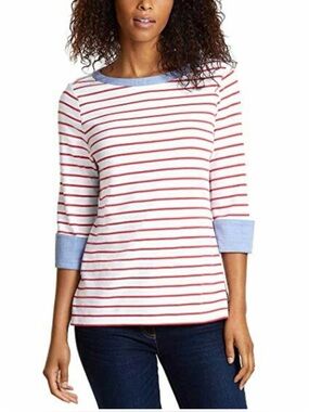 NAUTICA M 3/4 Sleeve striped chambray 109% cotton tunic nautical preppy classic